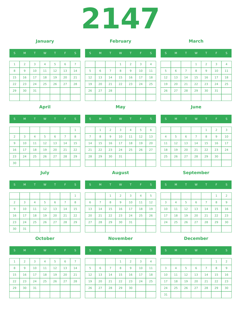 Printable 2147 Year Calendars green