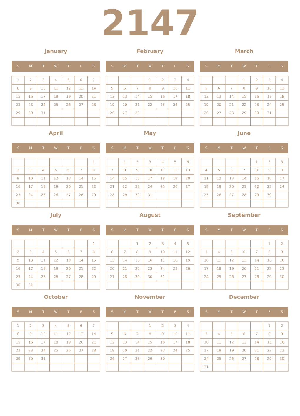 Printable 2147 Year Calendars isabelline
