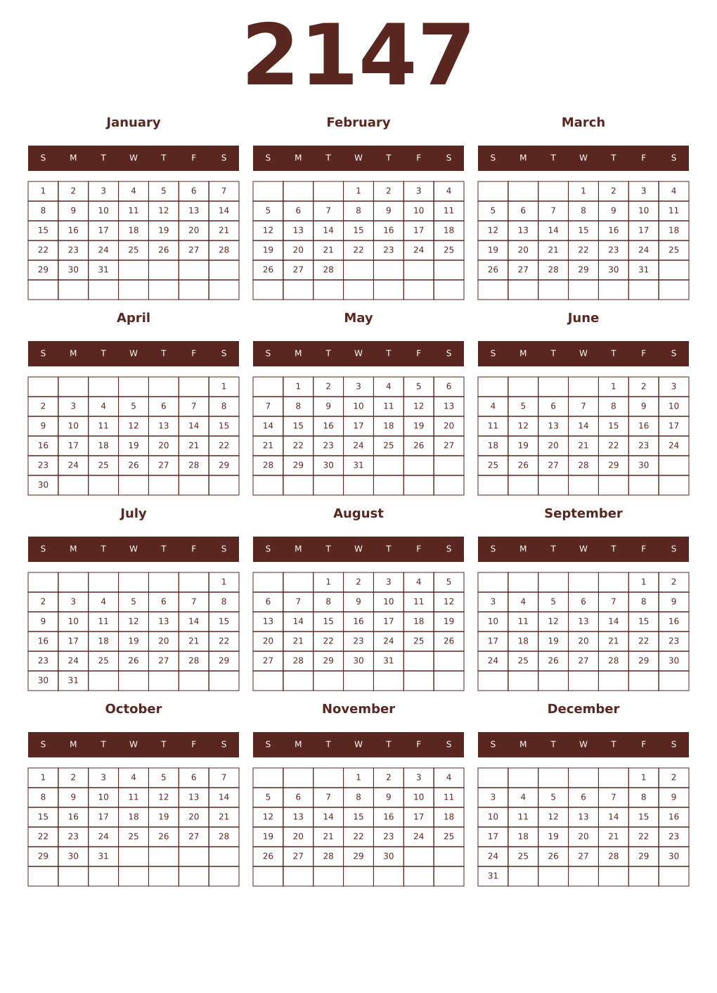 Printable 2147 Year Calendars mortuum