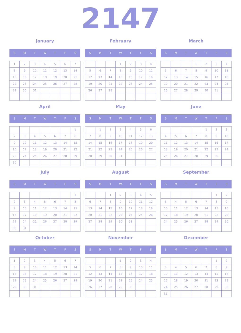 Printable 2147 Year Calendars periwinkle