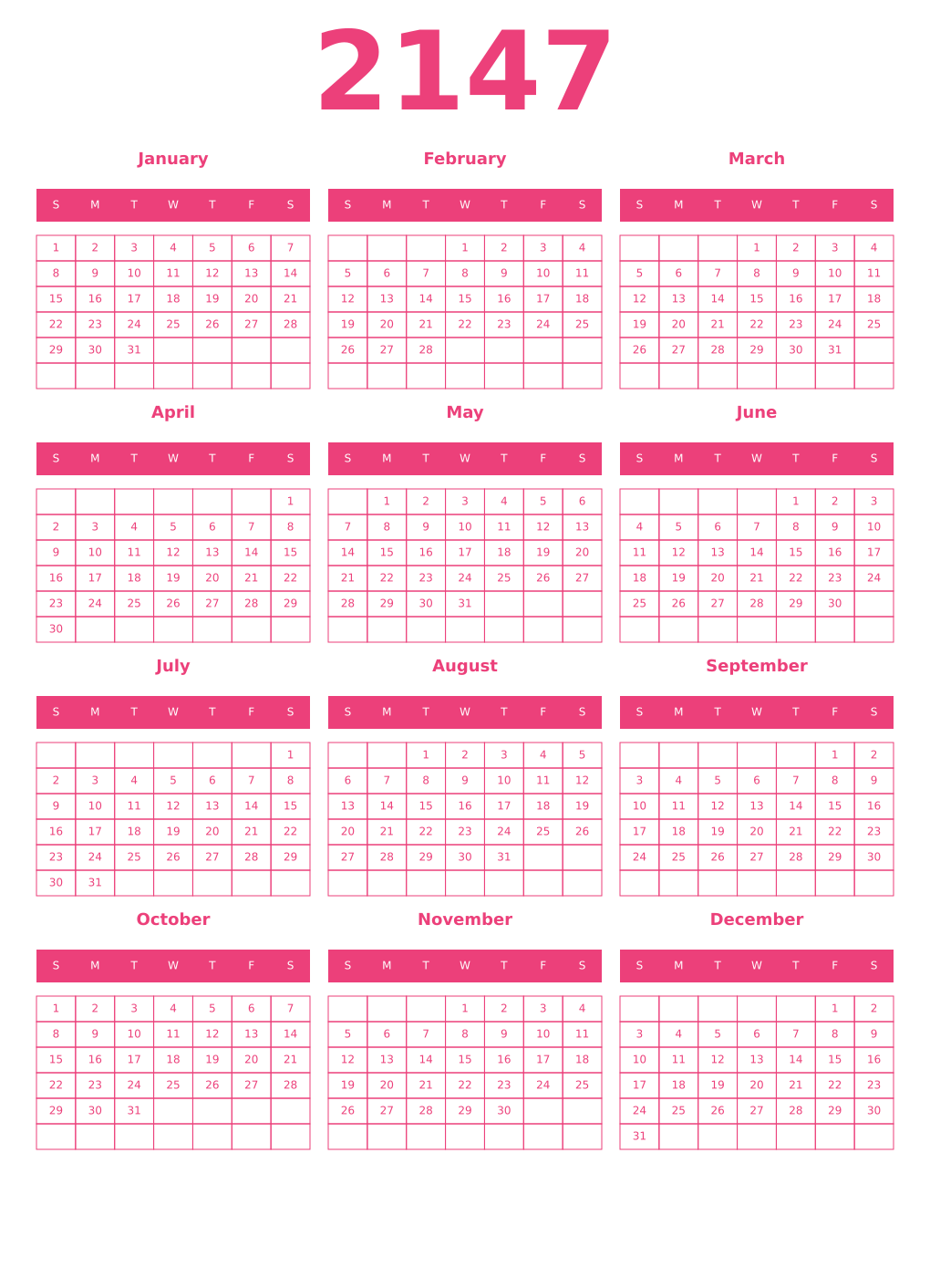 Printable 2147 Year Calendars pink