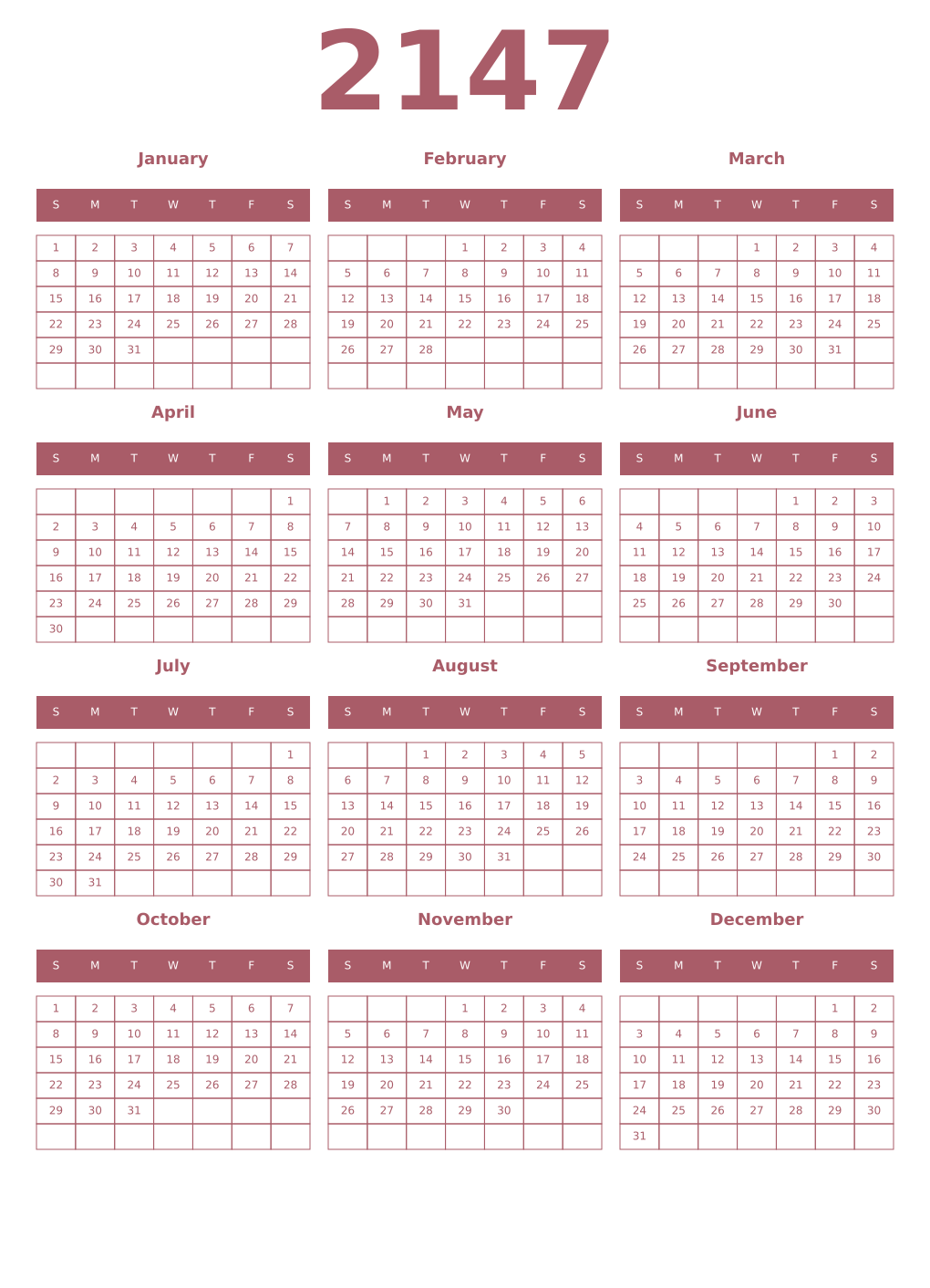Printable 2147 Year Calendars puce