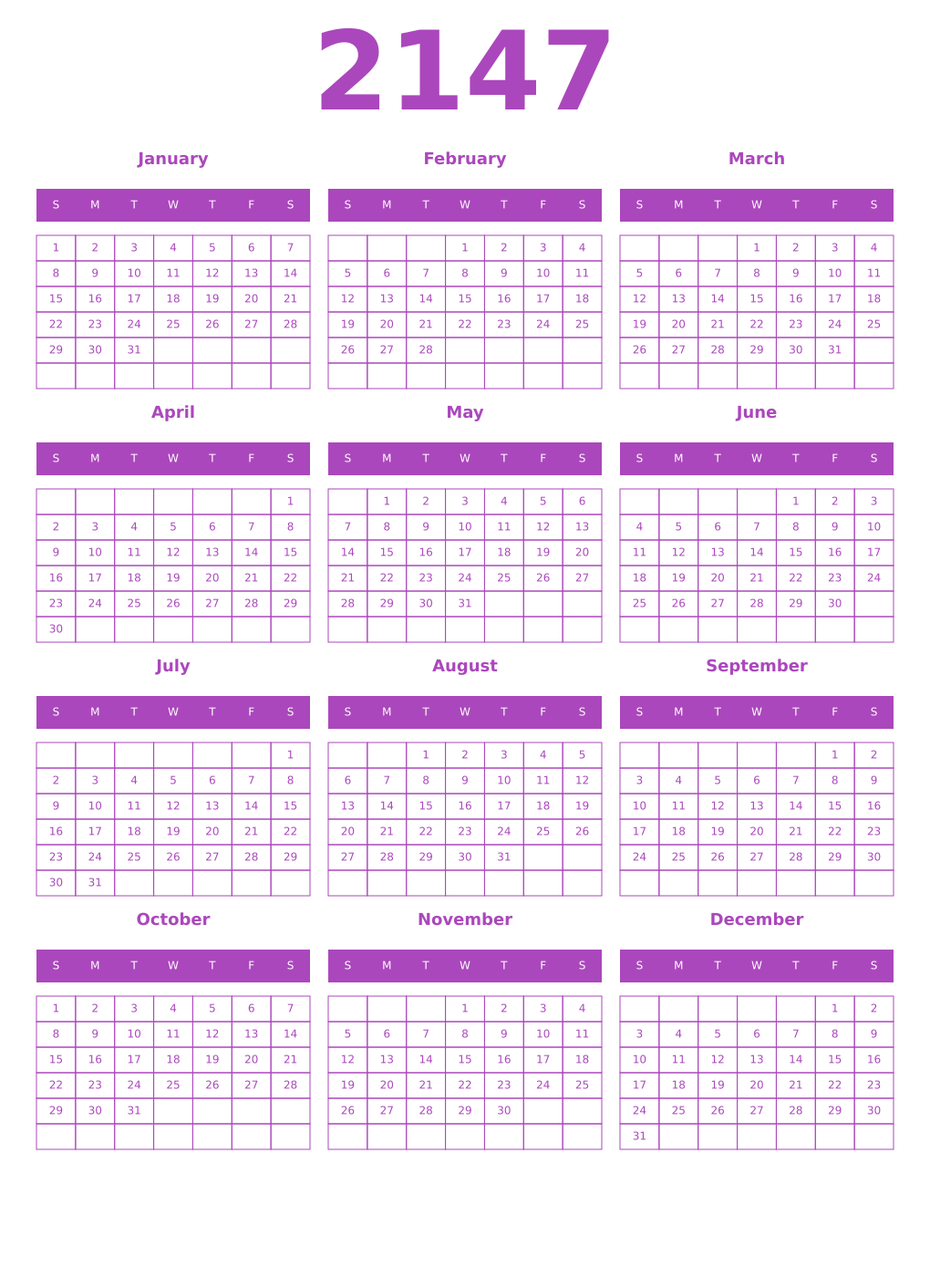 Printable 2147 Year Calendars purple