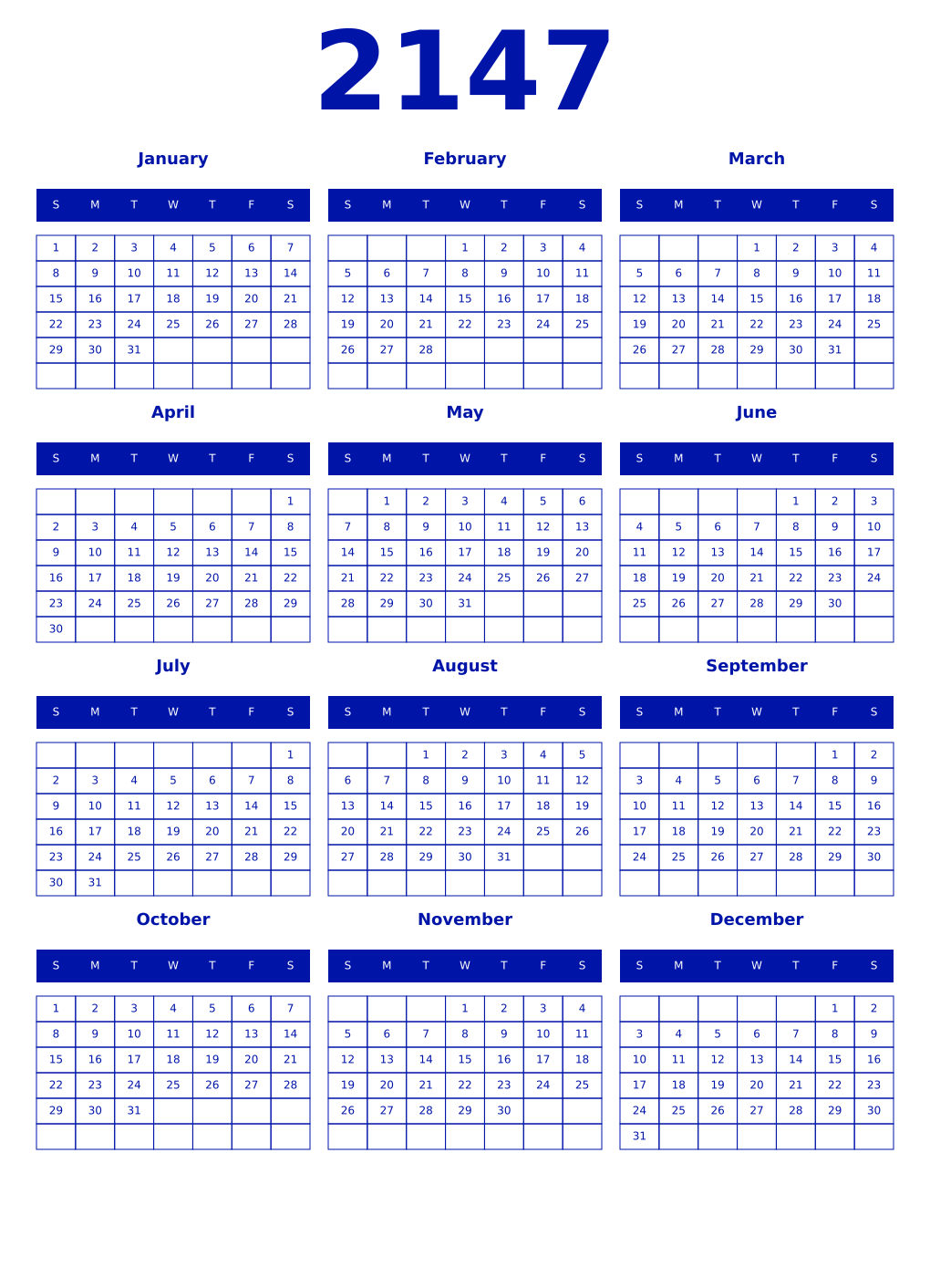 Printable 2147 Year Calendars zaffre