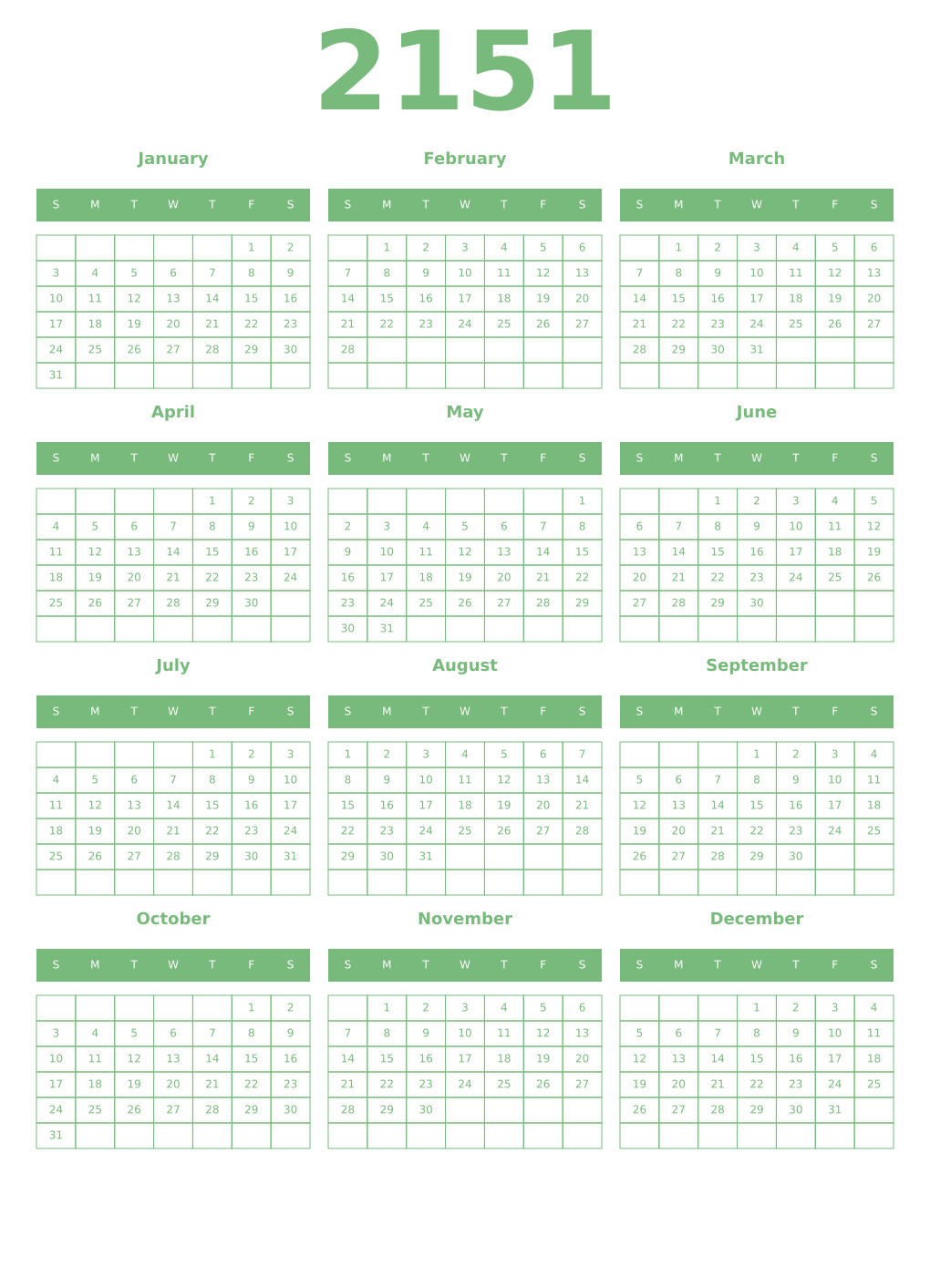 Printable 2151 Year Calendars celadon