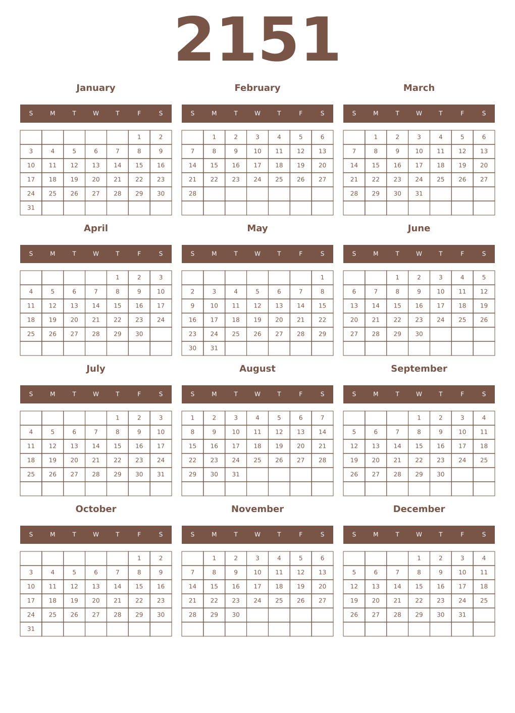 Printable 2151 Year Calendars coffe