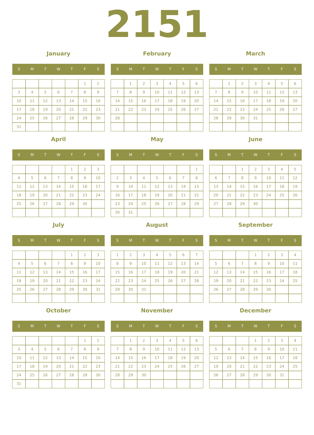 Printable 2151 Year Calendars eburnean