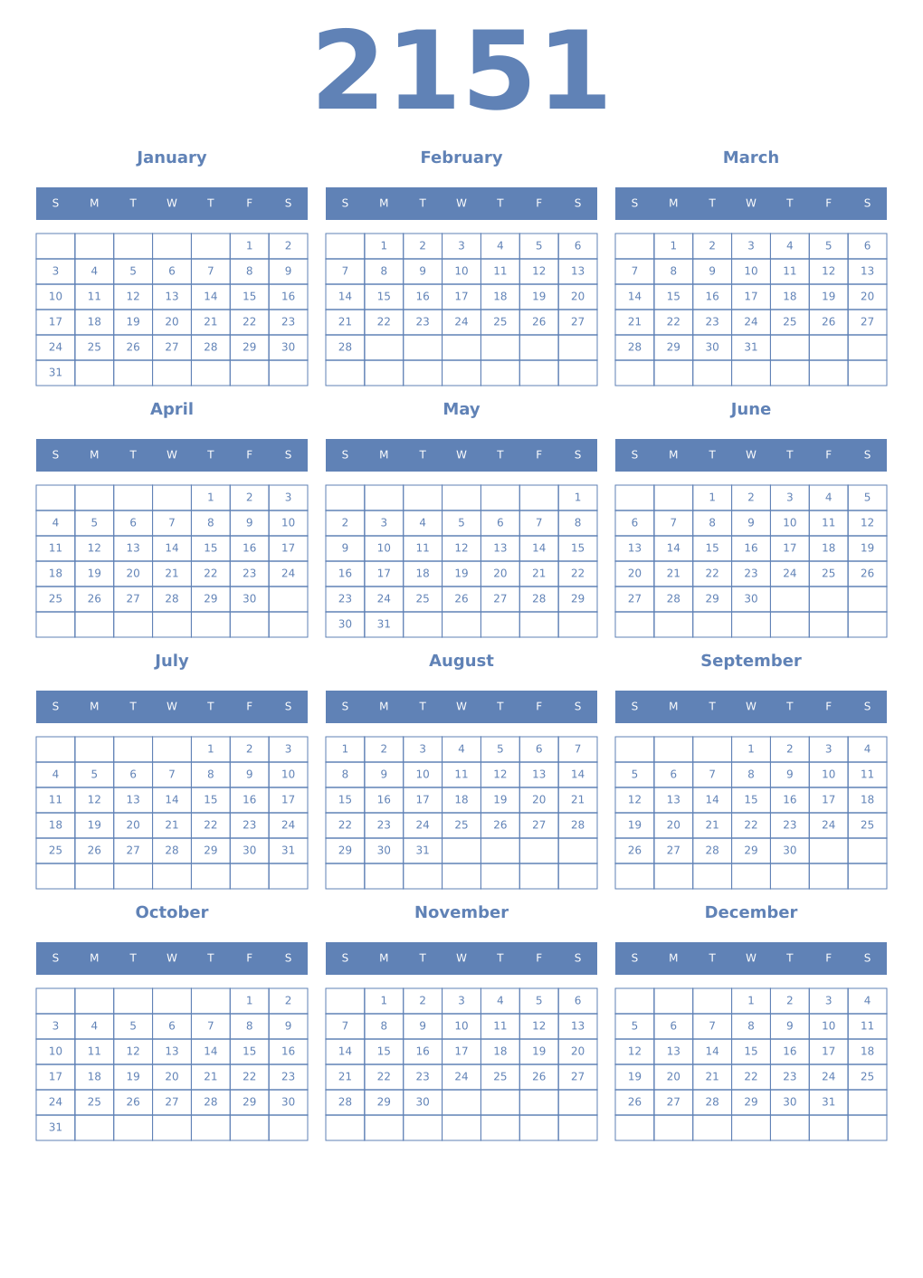 Printable 2151 Year Calendars glaucous