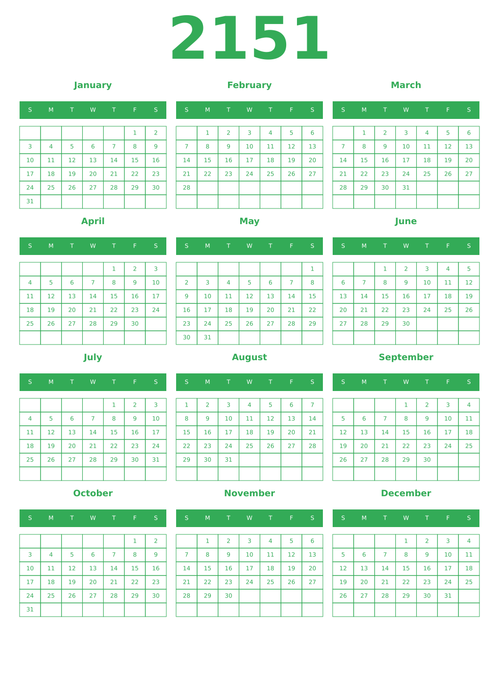 Printable 2151 Year Calendars green