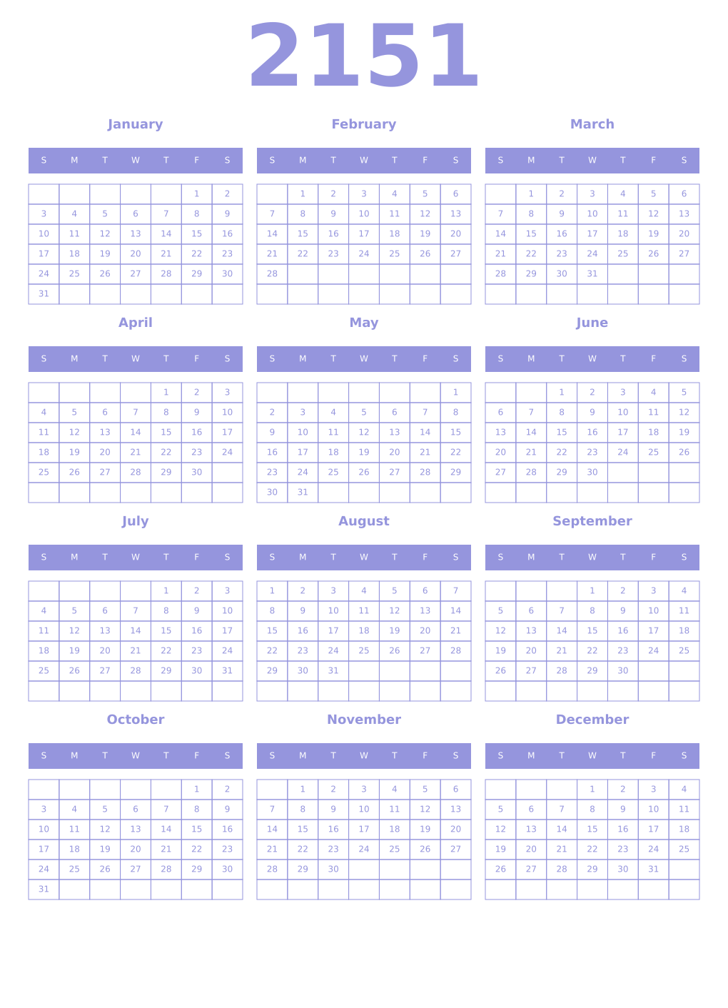 Printable 2151 Year Calendars periwinkle