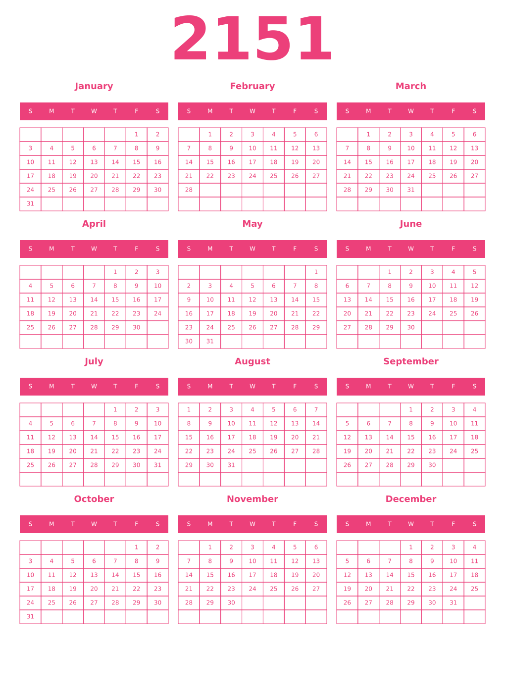 Printable 2151 Year Calendars pink