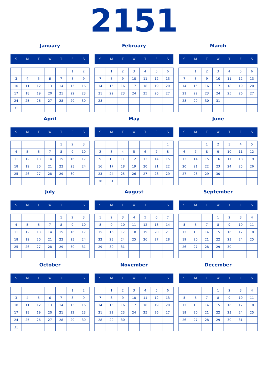 Printable 2151 Year Calendars smalt
