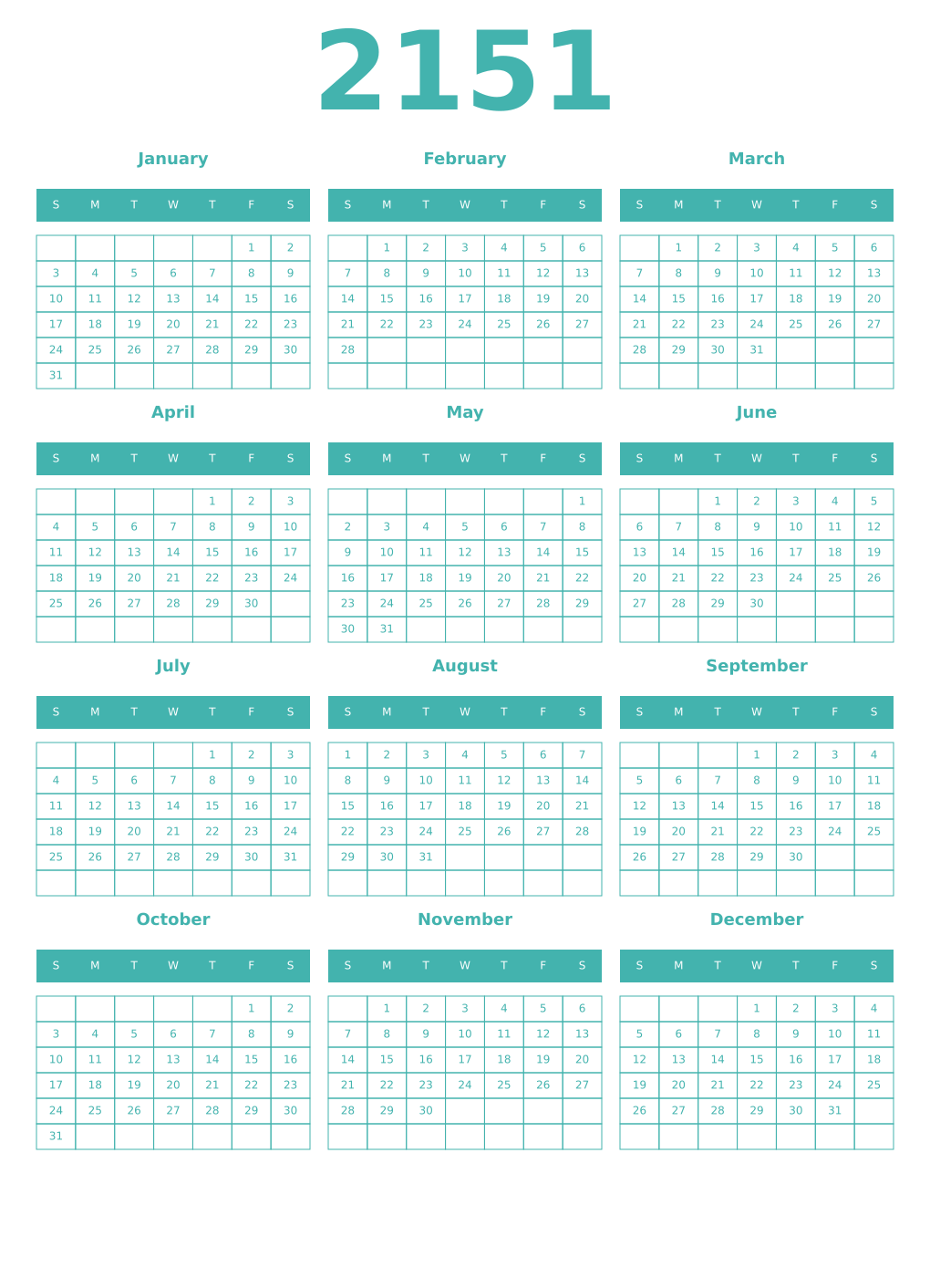 Printable 2151 Year Calendars verdigris