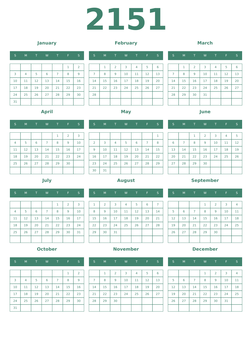 Printable 2151 Year Calendars viridian