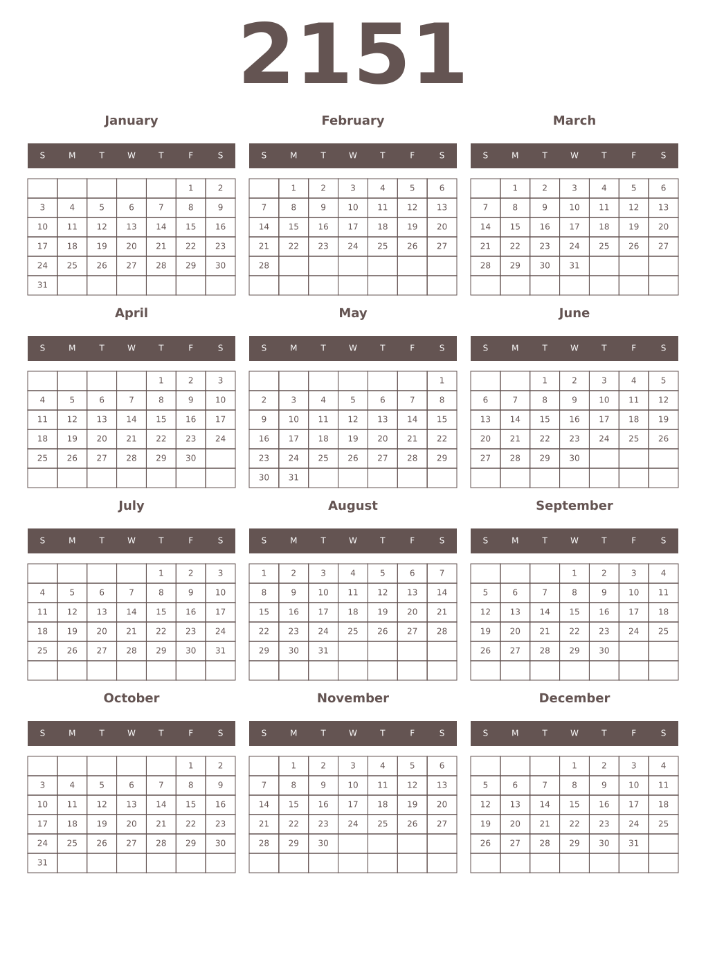 Printable 2151 Year Calendars wenge