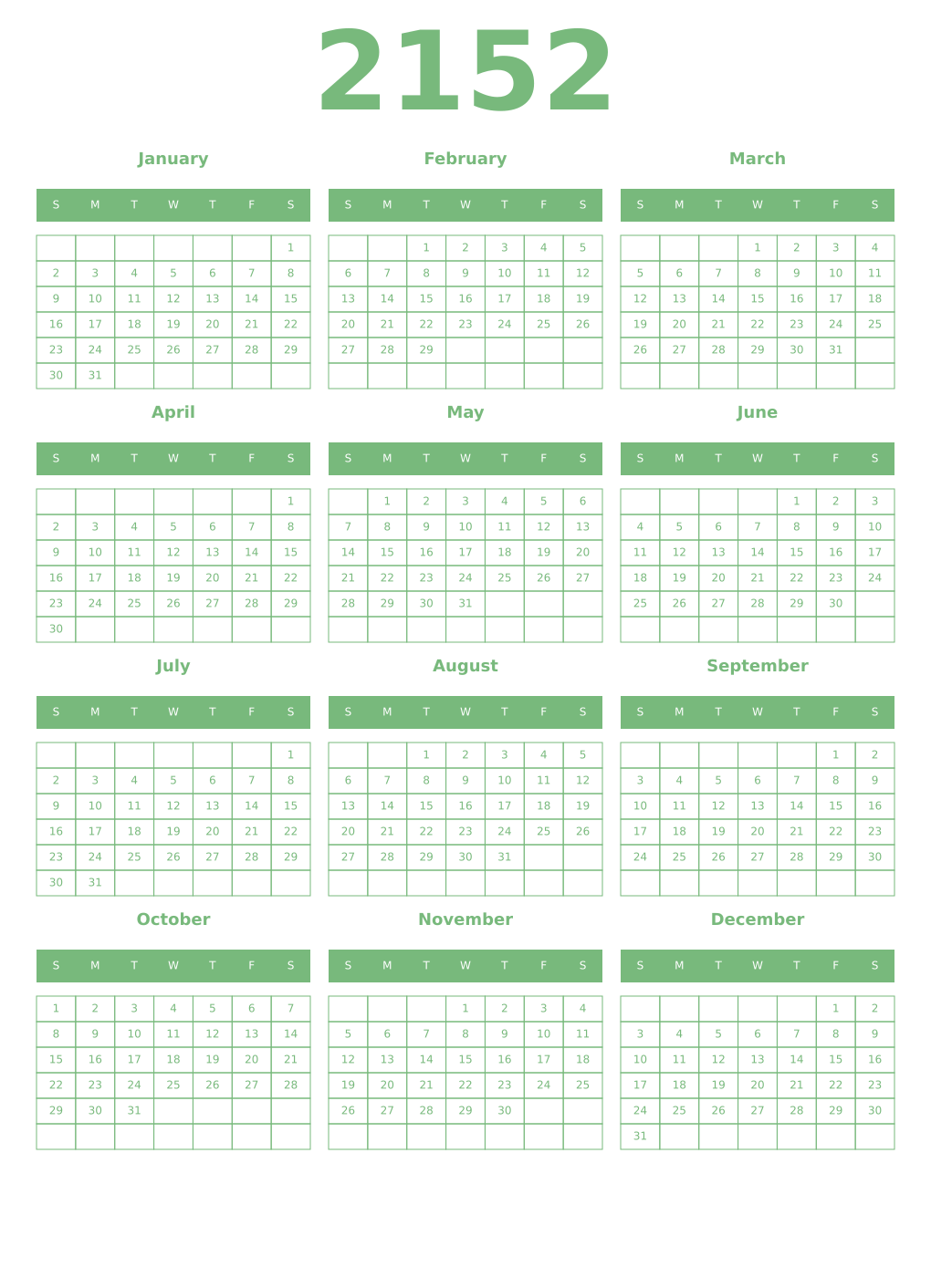 Printable 2152 Year Calendars celadon