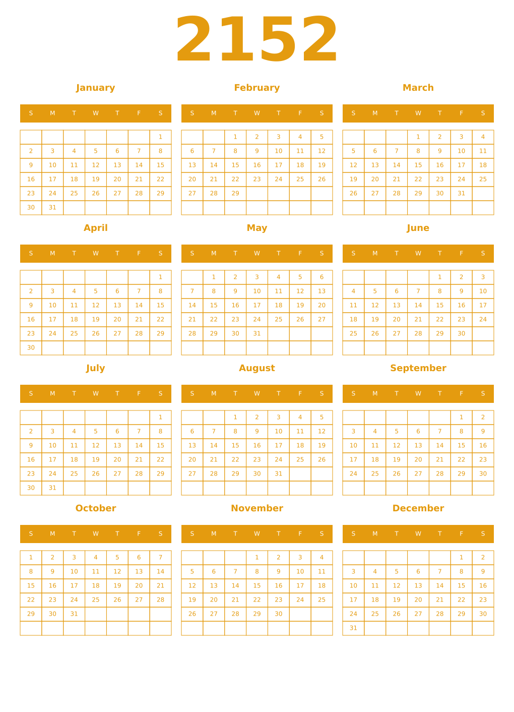 Printable 2152 Year Calendars gamboge