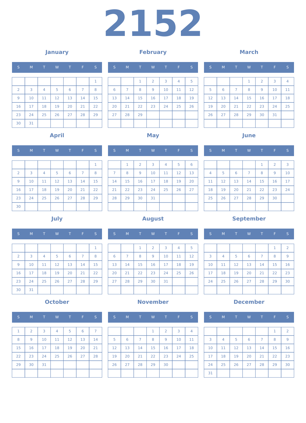 Printable 2152 Year Calendars glaucous