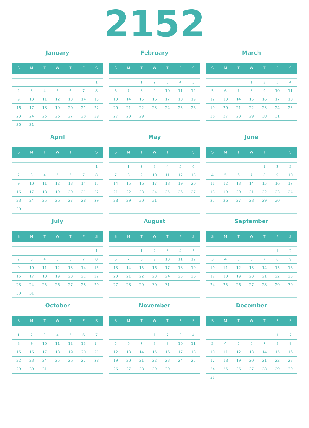 Printable 2152 Year Calendars verdigris