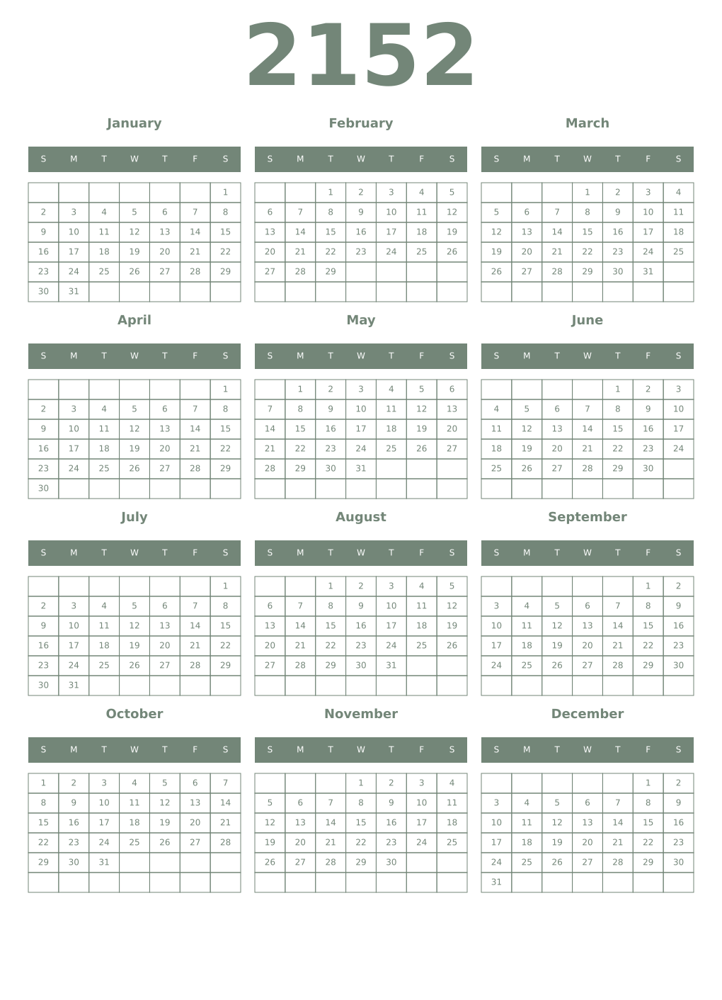 Printable 2152 Year Calendars xanadu