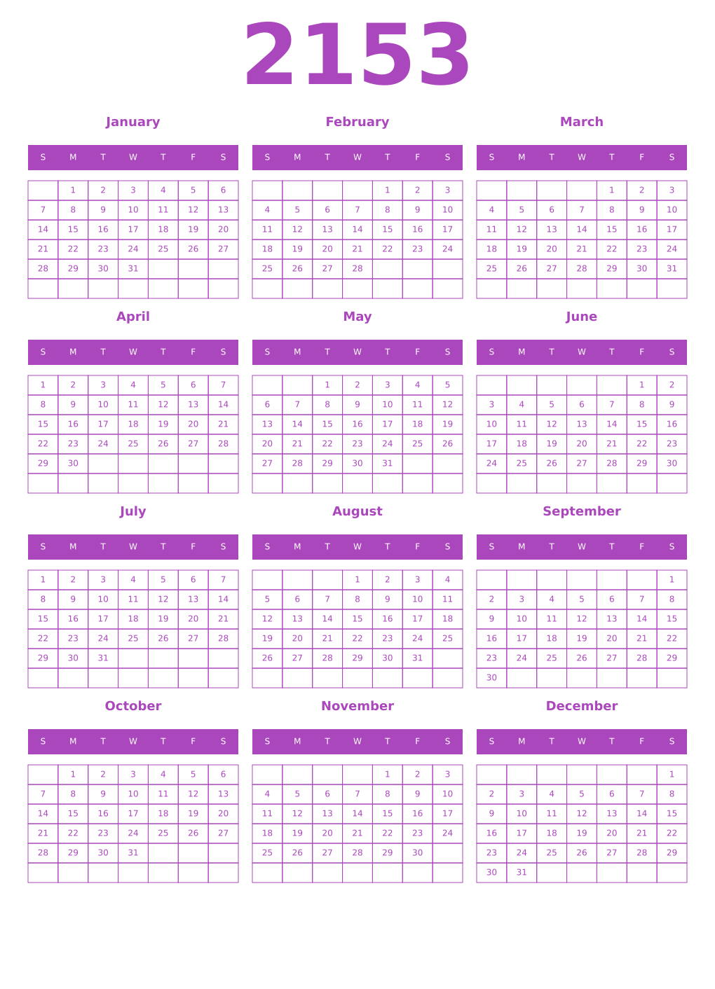 Printable 2153 Calendars