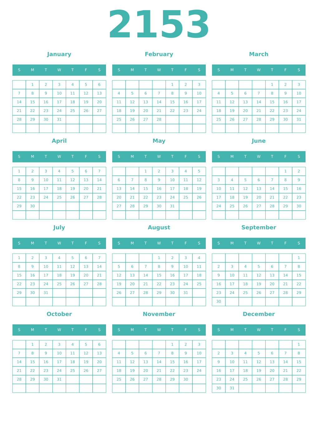 Printable 2153 Year Calendars verdigris