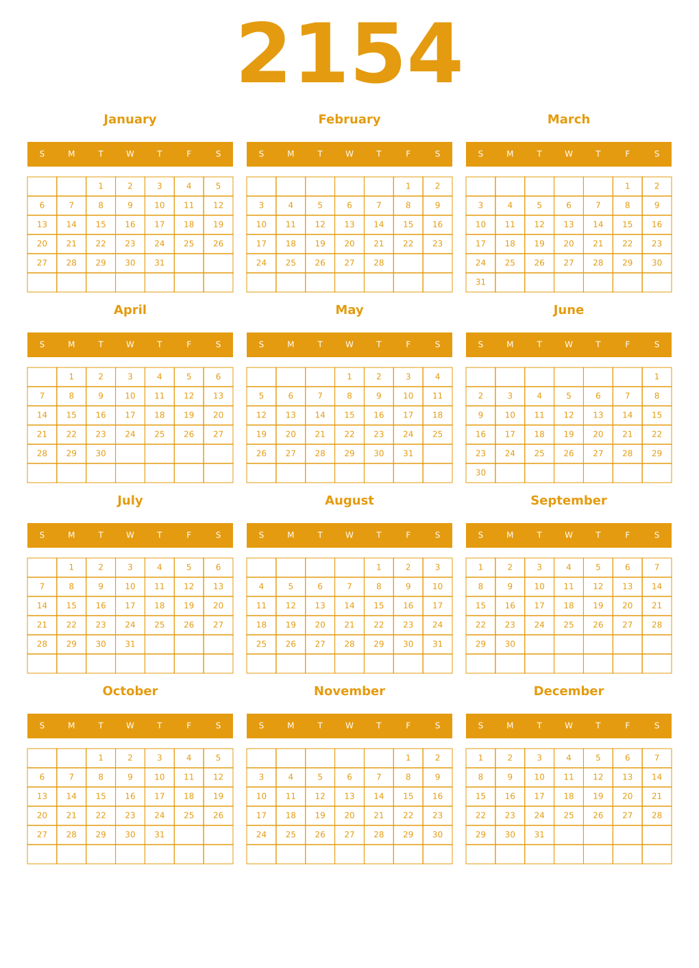 Printable 2154 Year Calendars gamboge
