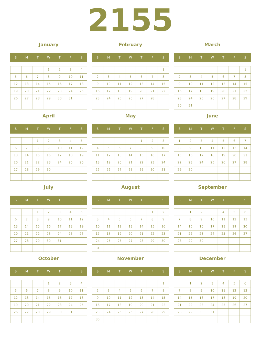 Printable 2155 Year Calendars eburnean