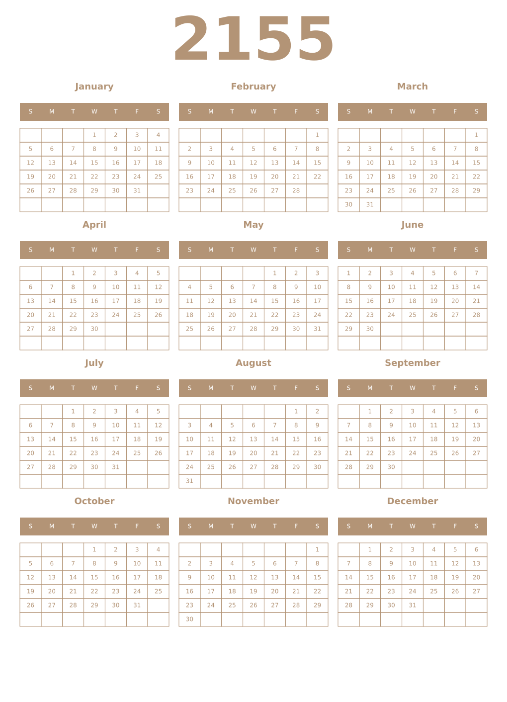 Printable 2155 Year Calendars isabelline