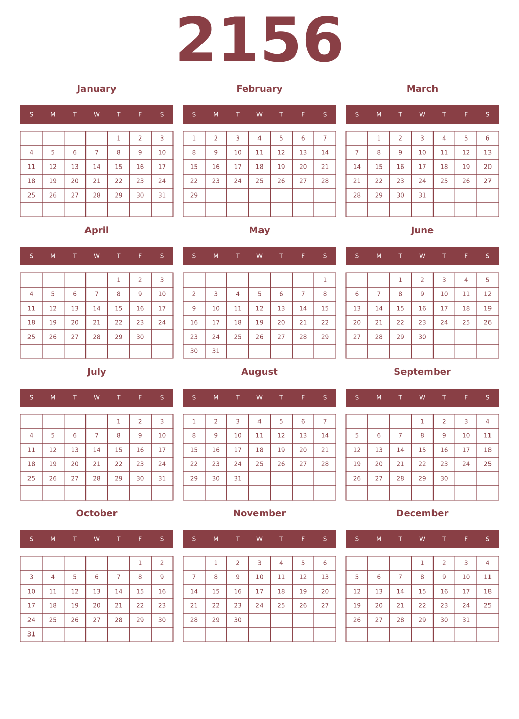 Printable 2156 Year Calendars cordovan