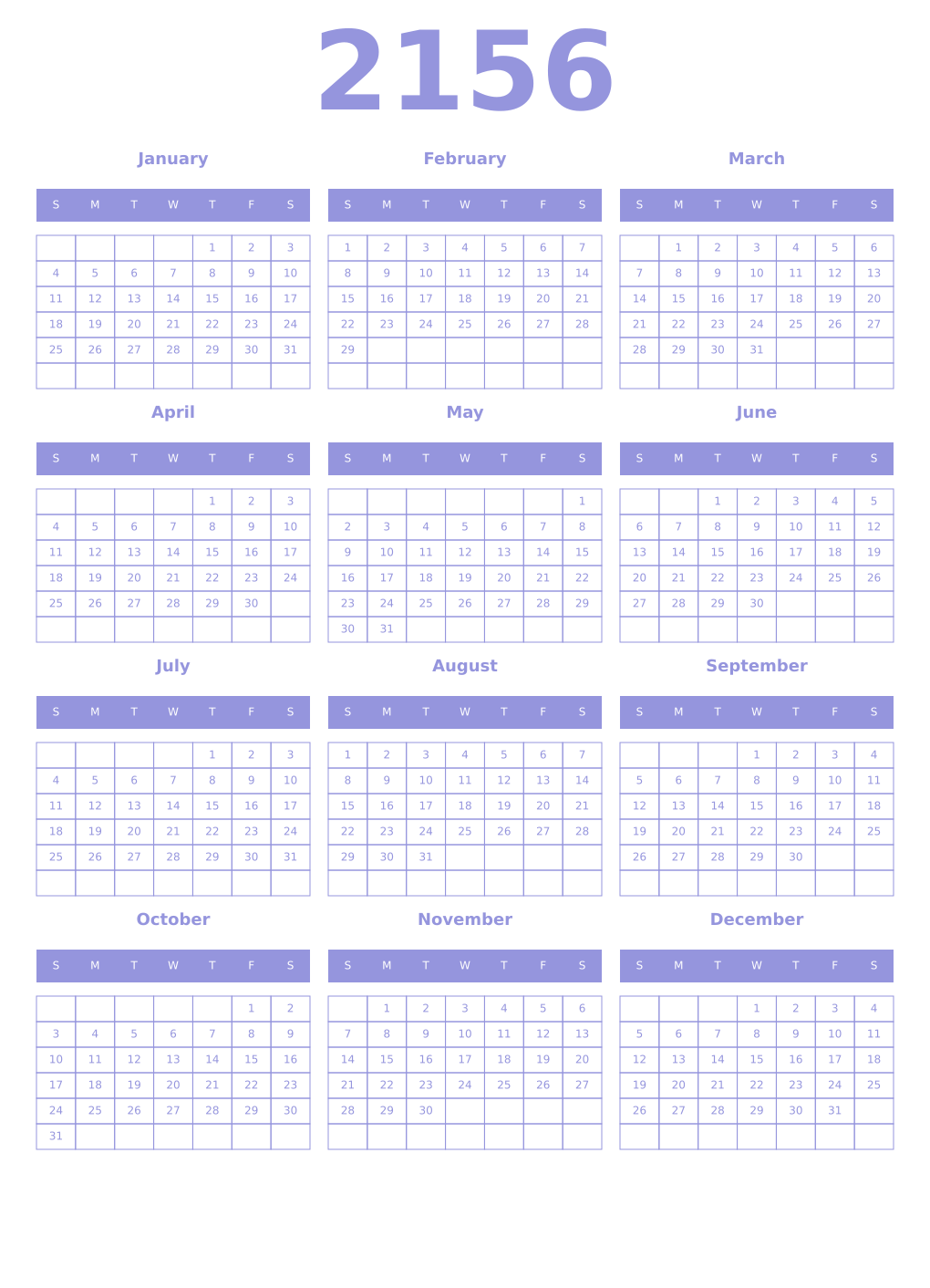 Printable 2156 Year Calendars periwinkle