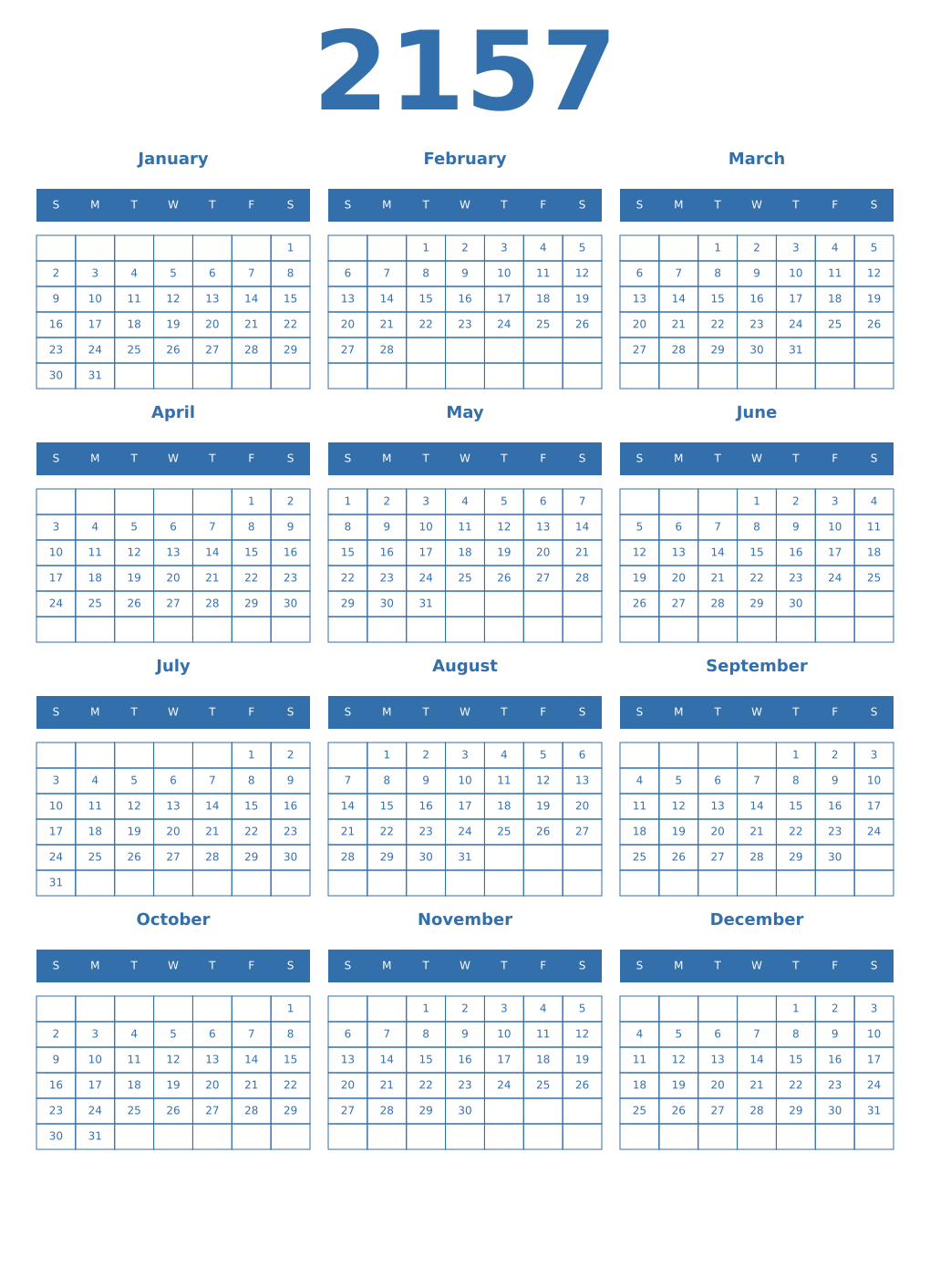 Printable 2157 Year Calendars blue