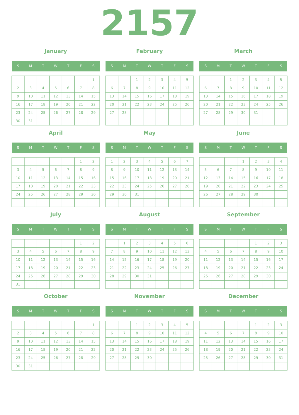 Printable 2157 Year Calendars celadon