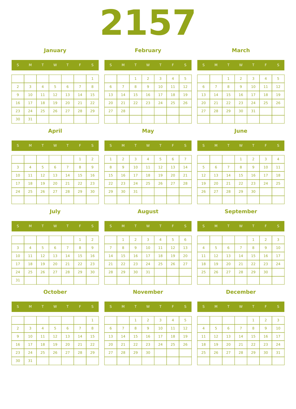 Printable 2157 Year Calendars chartreuse