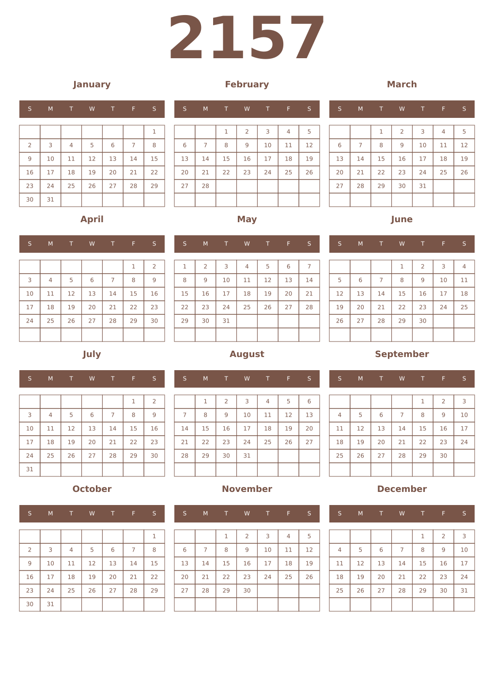 Printable 2157 Year Calendars coffe