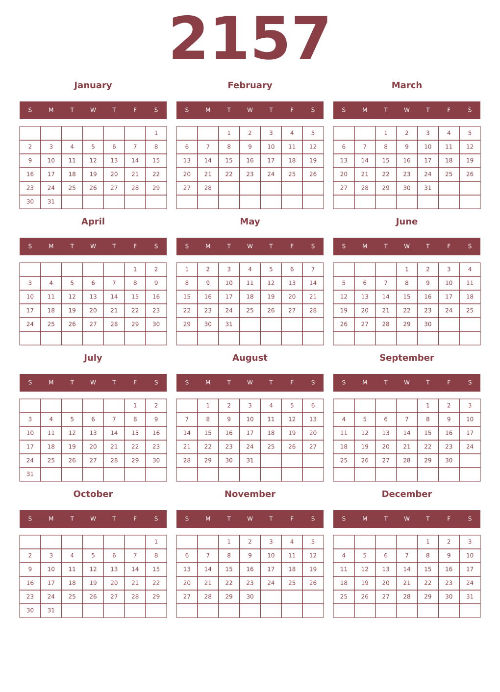 Printable 2157 Year Calendars cordovan