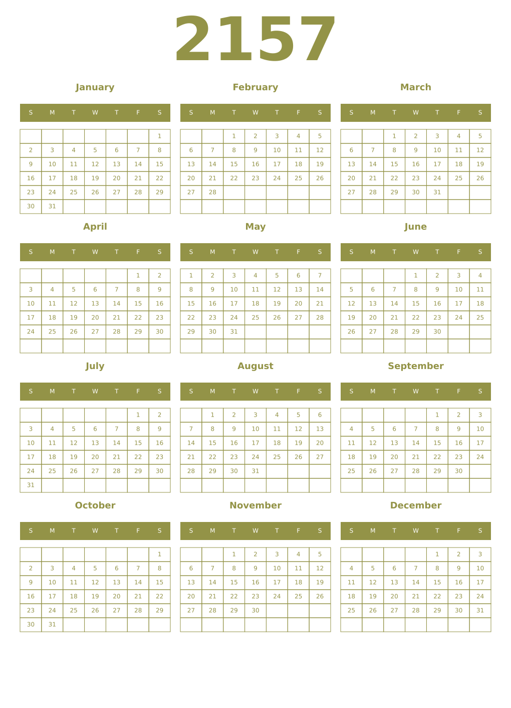 Printable 2157 Year Calendars eburnean