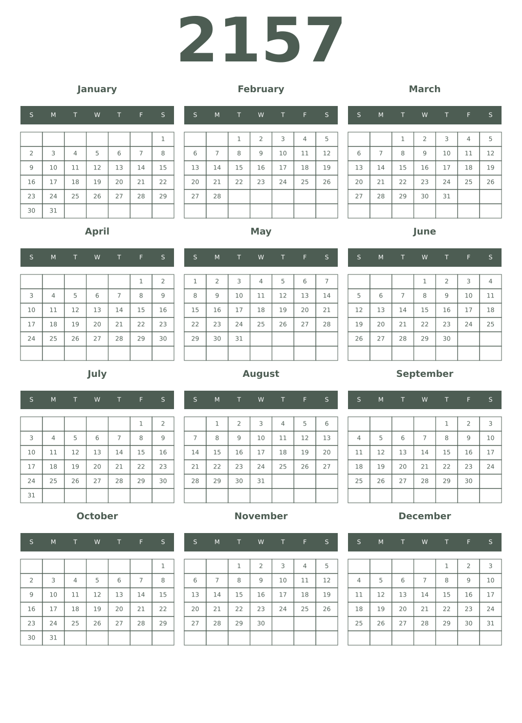 Printable 2157 Year Calendars feldgrau