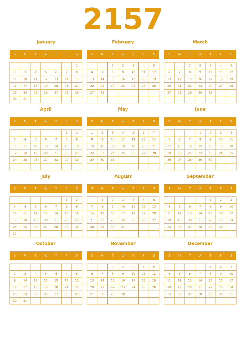 Printable 2157 Year Calendars gamboge