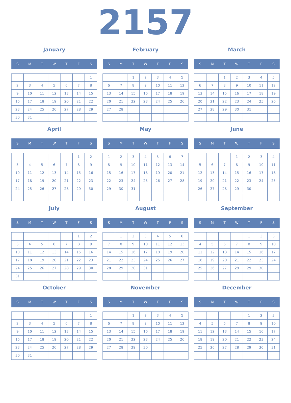 Printable 2157 Year Calendars glaucous