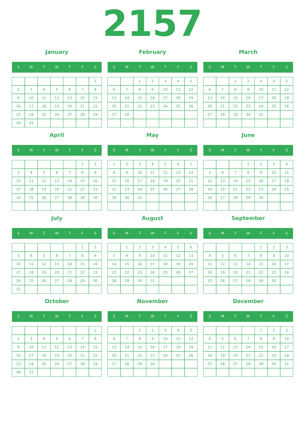 Printable 2157 Year Calendars green