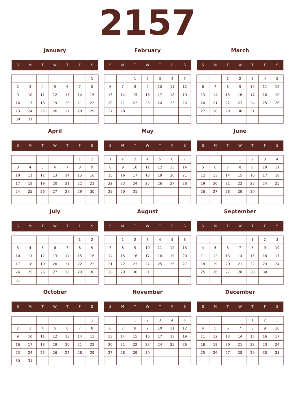 Printable 2157 Year Calendars mortuum