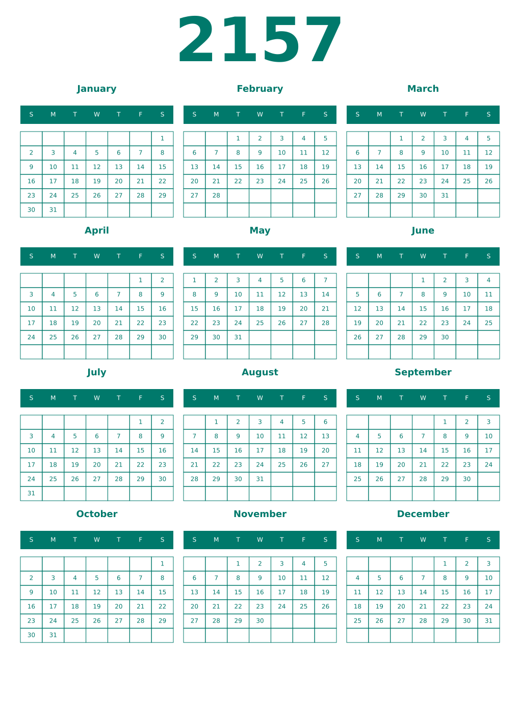 Printable 2157 Year Calendars pastel