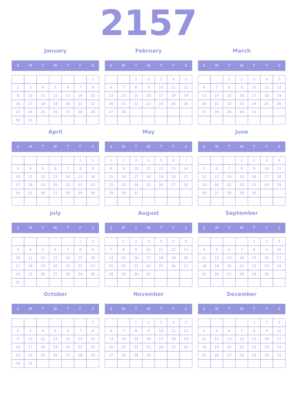 Printable 2157 Year Calendars periwinkle