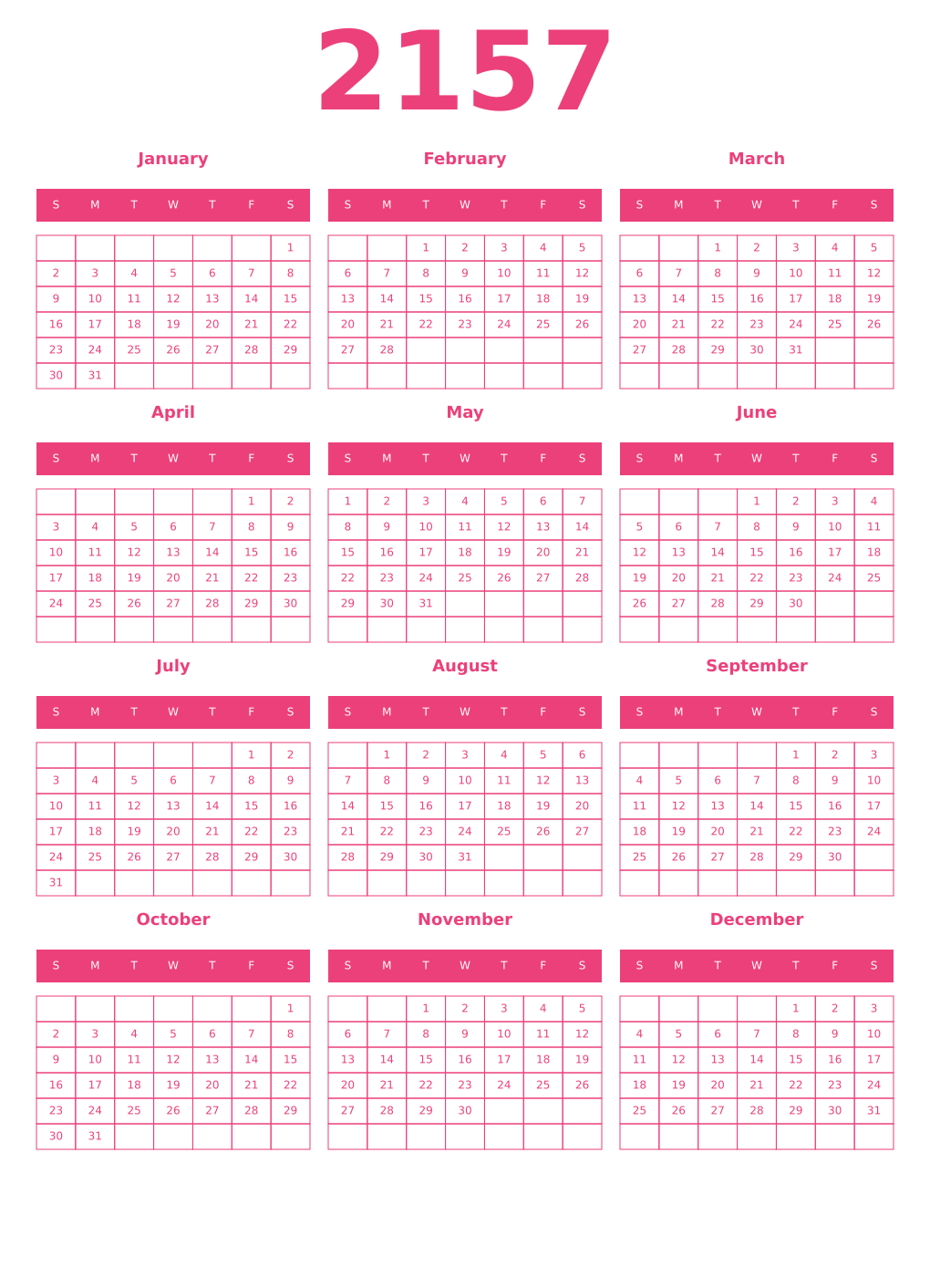Printable 2157 Year Calendars pink