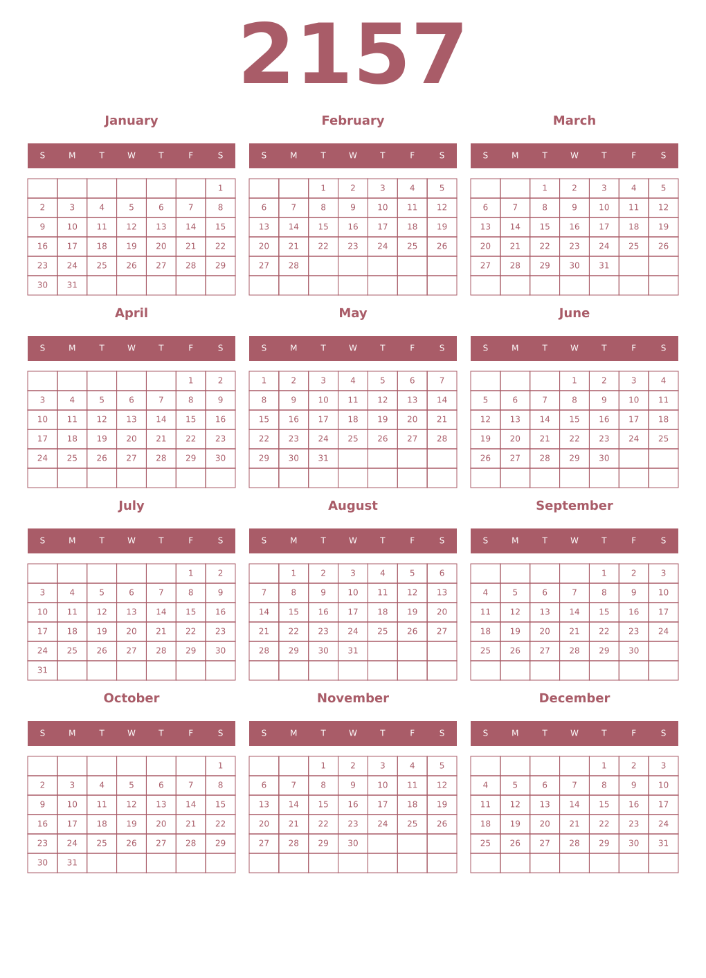 Printable 2157 Year Calendars puce