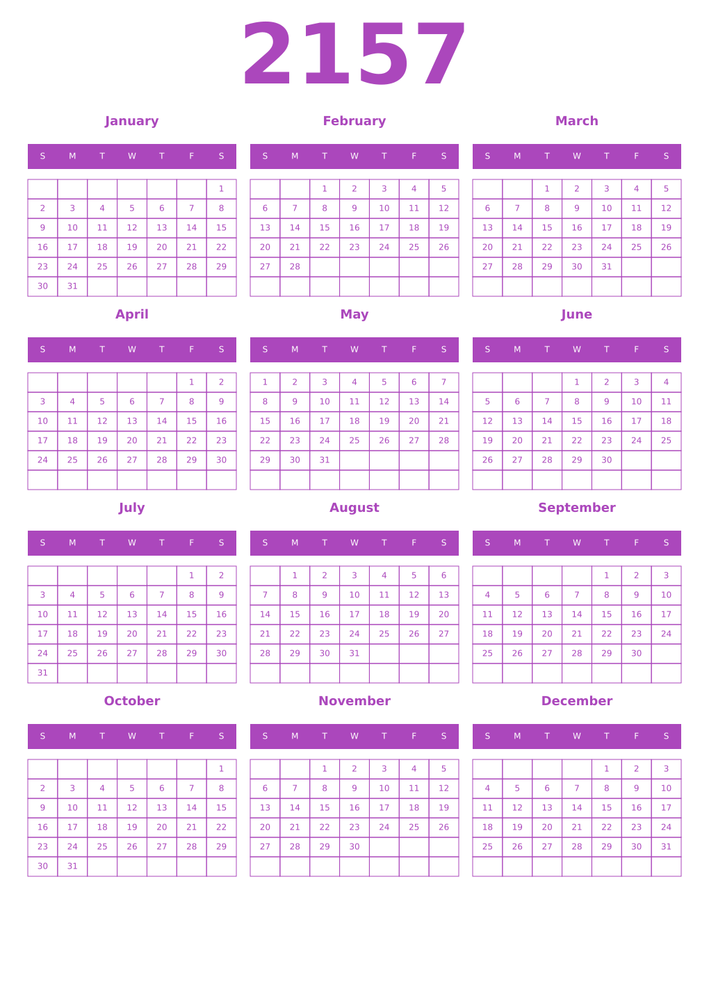 Printable 2157 Year Calendars purple