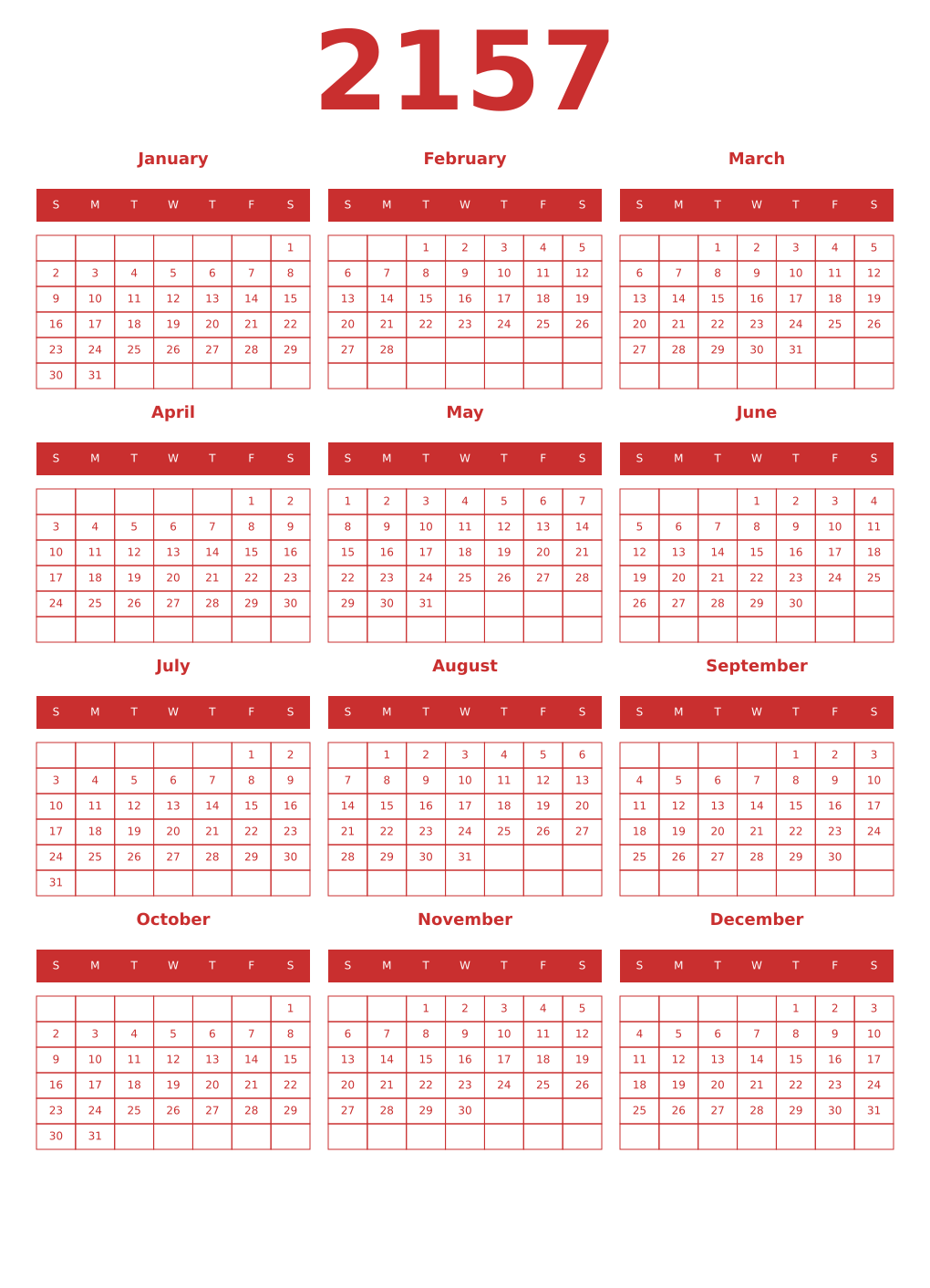 Printable 2157 Year Calendars red