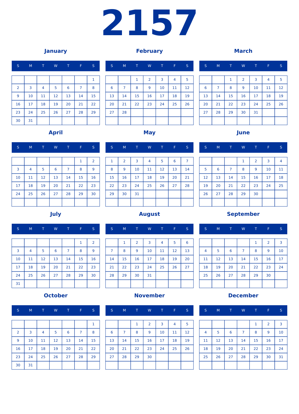 Printable 2157 Year Calendars smalt