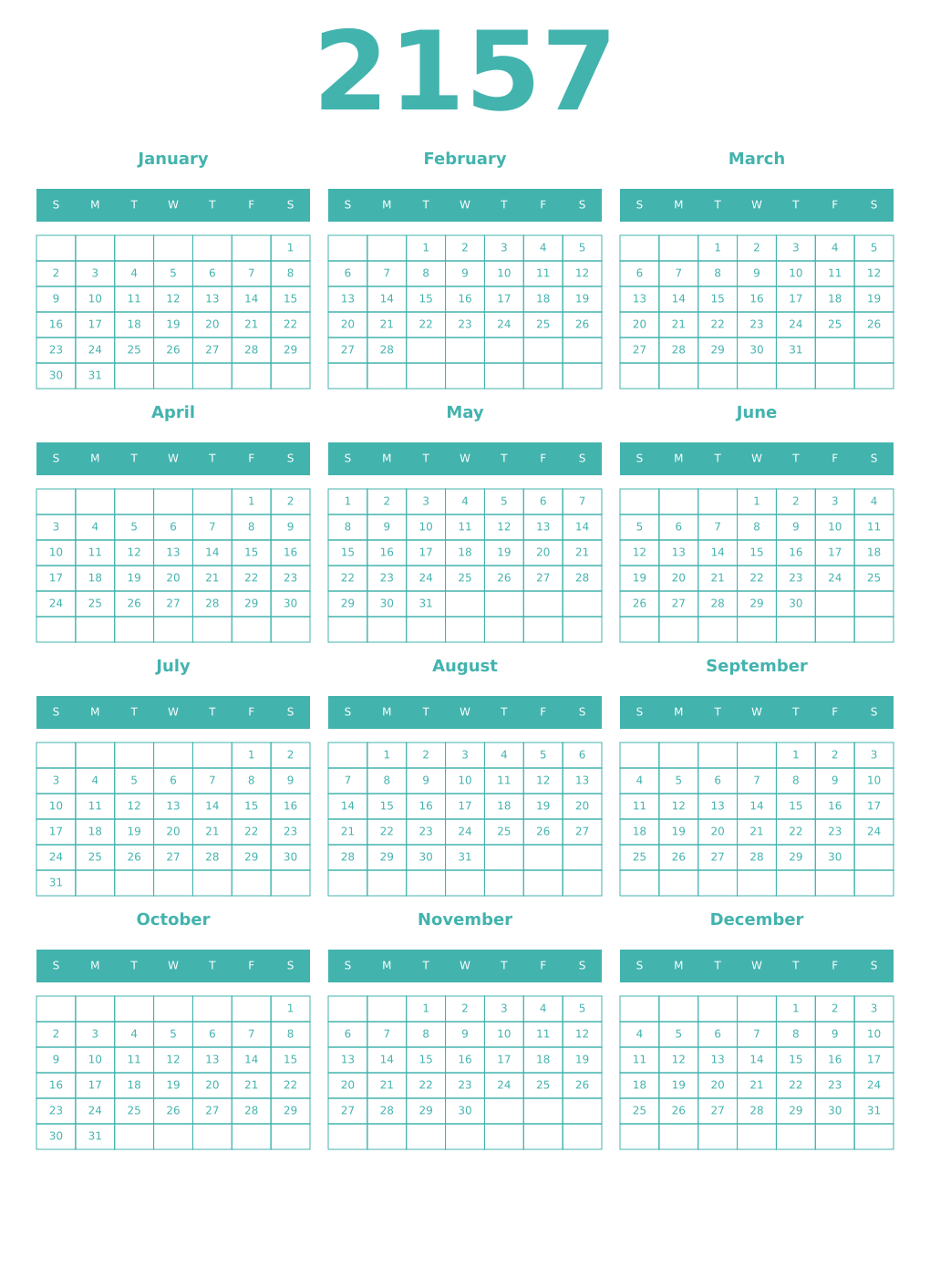 Printable 2157 Year Calendars verdigris